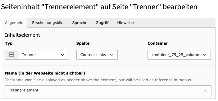 Eingabemaske zum Anlegen eines Trenners im Typo3-Backend