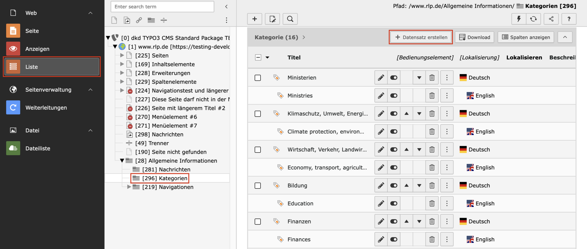 Eingabemaske von Kategorie-Datensätzen im Typo3-Backend